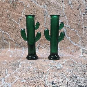 Pier 1 Green Cactus Glass Candle Holders, Set Of 2